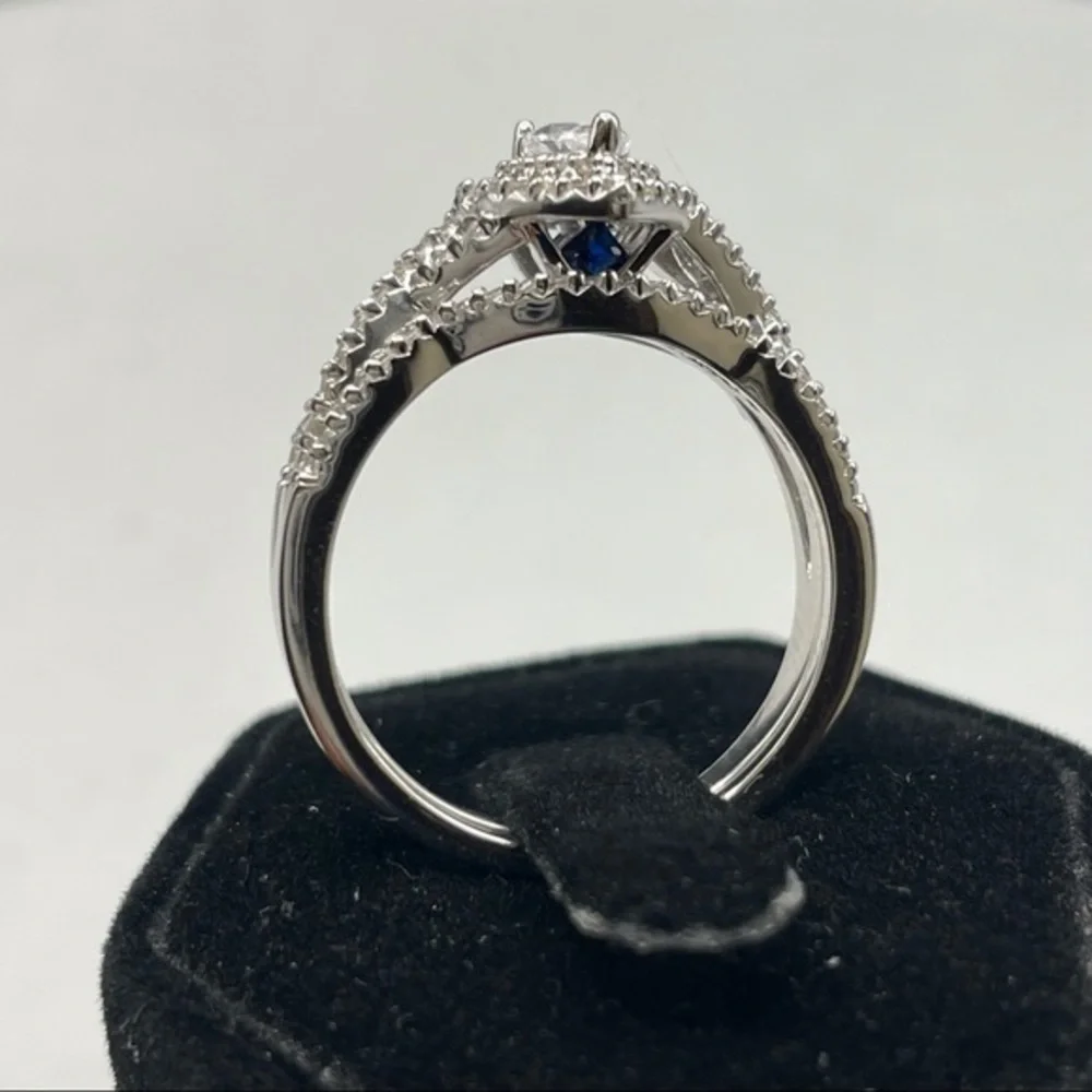 925 Sterling Silver Pear Cut Diamond 2 Band Wedding‎ Ring Set 9